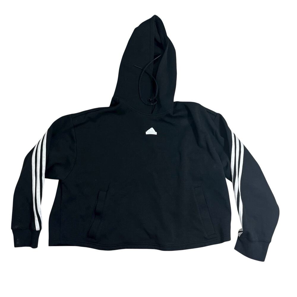 Adidas Hoodie Cropped Black Sweatshirt Women’s Large White Stripes Streetwear